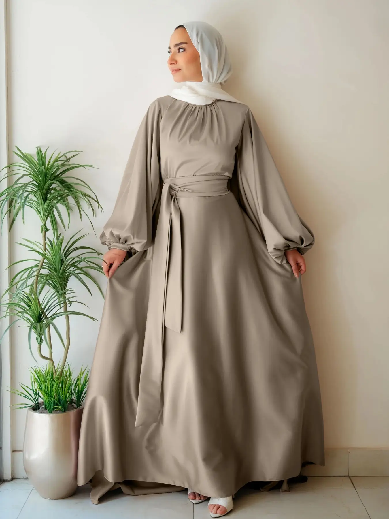 Elegant Satin Pearl Lantern Sleeve Abaya Dress, Belted Long Robe for Women, Perfect for Festivals & Special Occasions, Fitted Silhouette, Hijabi Cute