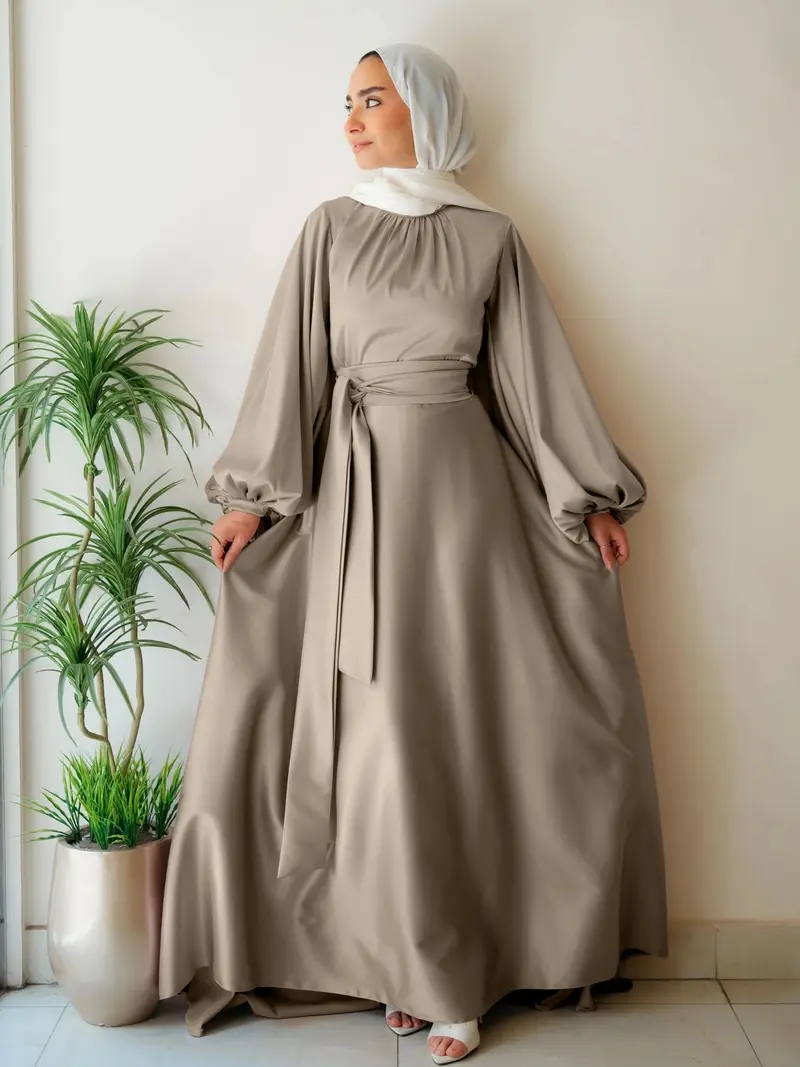Elegant Satin Pearl Lantern Sleeve Abaya Dress, Belted Long Robe for Women, Perfect for Festivals & Special Occasions, Fitted Silhouette, Hijabi Cute Dresses, Arab Women