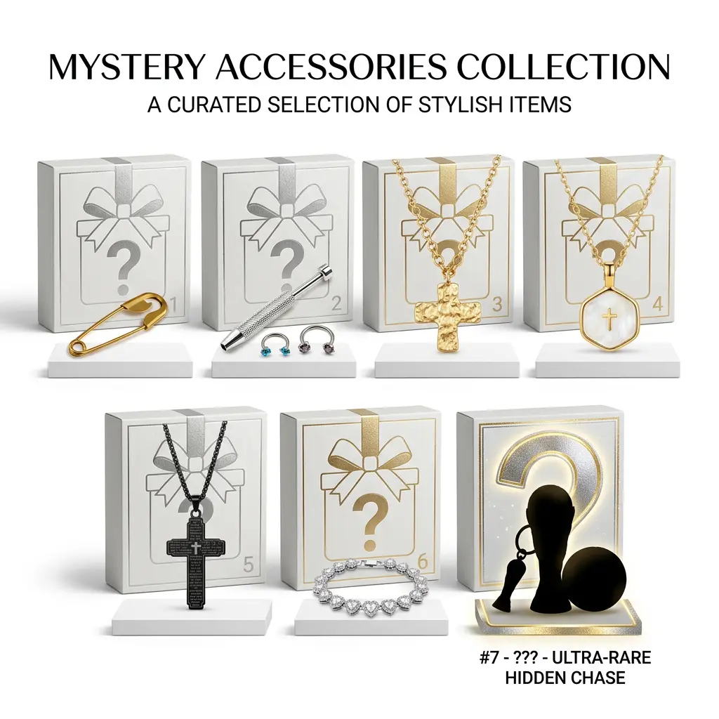 Jewelry Blind Box, 7 Collectible Designs 1 Random, Cross Necklace, Cuban Chain, Safety Pin Accessory, Diamond Jewelry Set, Secret Chase Design, Y2K Aesthetic, Unboxing Gift for Women, TikTok Viral Mystery Box