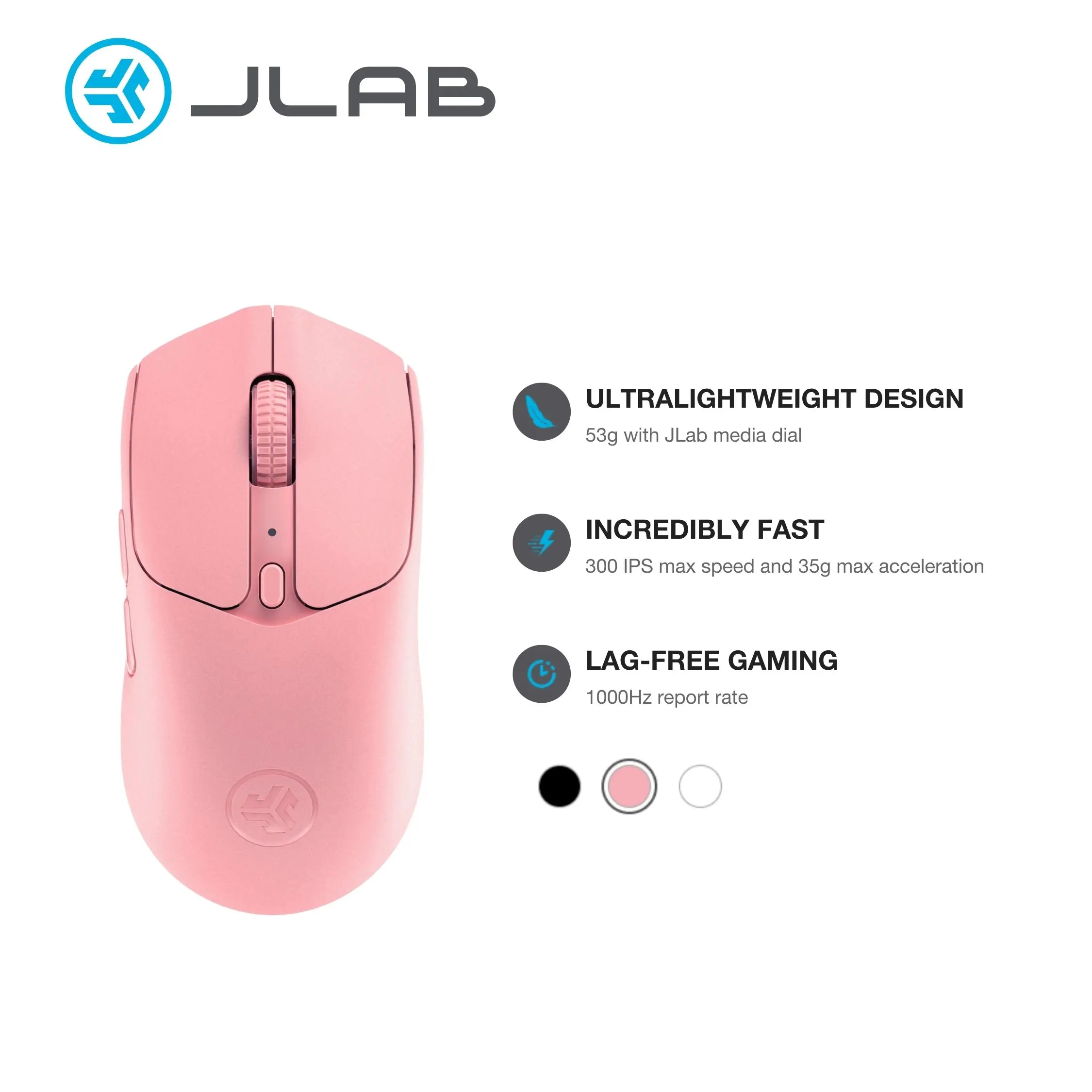 JLab Nightfall Wireless Esports Gaming Mouse - 53g Ultralight Weight, PAW3311 12K DPI, 1000Hz, 5+ Month Battery, 2.4GHz + Bluetooth, 6-Button