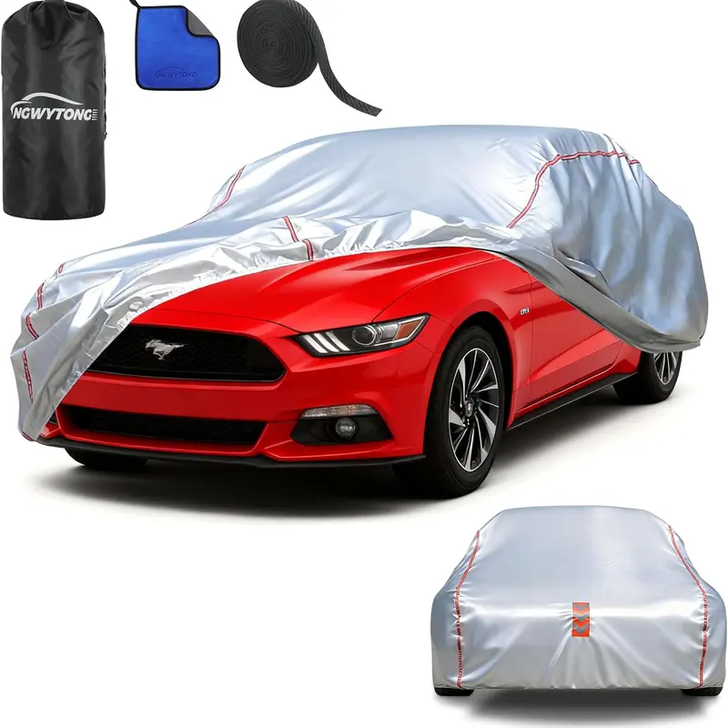 Durable All-Weather Car Cover for Ford Mustang 1994-2025 & Chevrolet Camaro 2010-2025, 360° Wrap-Around Fastening, 4 Upgrades, 30s Quick-Install, Elasticized Hems, High-Elastic Front/Rear Hems, Zipper, Waterproof Windproof
