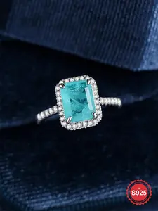 S925 Sterling Silver Fashion Ring,  Artificial Zircon Rectangle Shaped Ring for Women, Genuine S925 Sterling Silver Party Wedding Engagement Ring