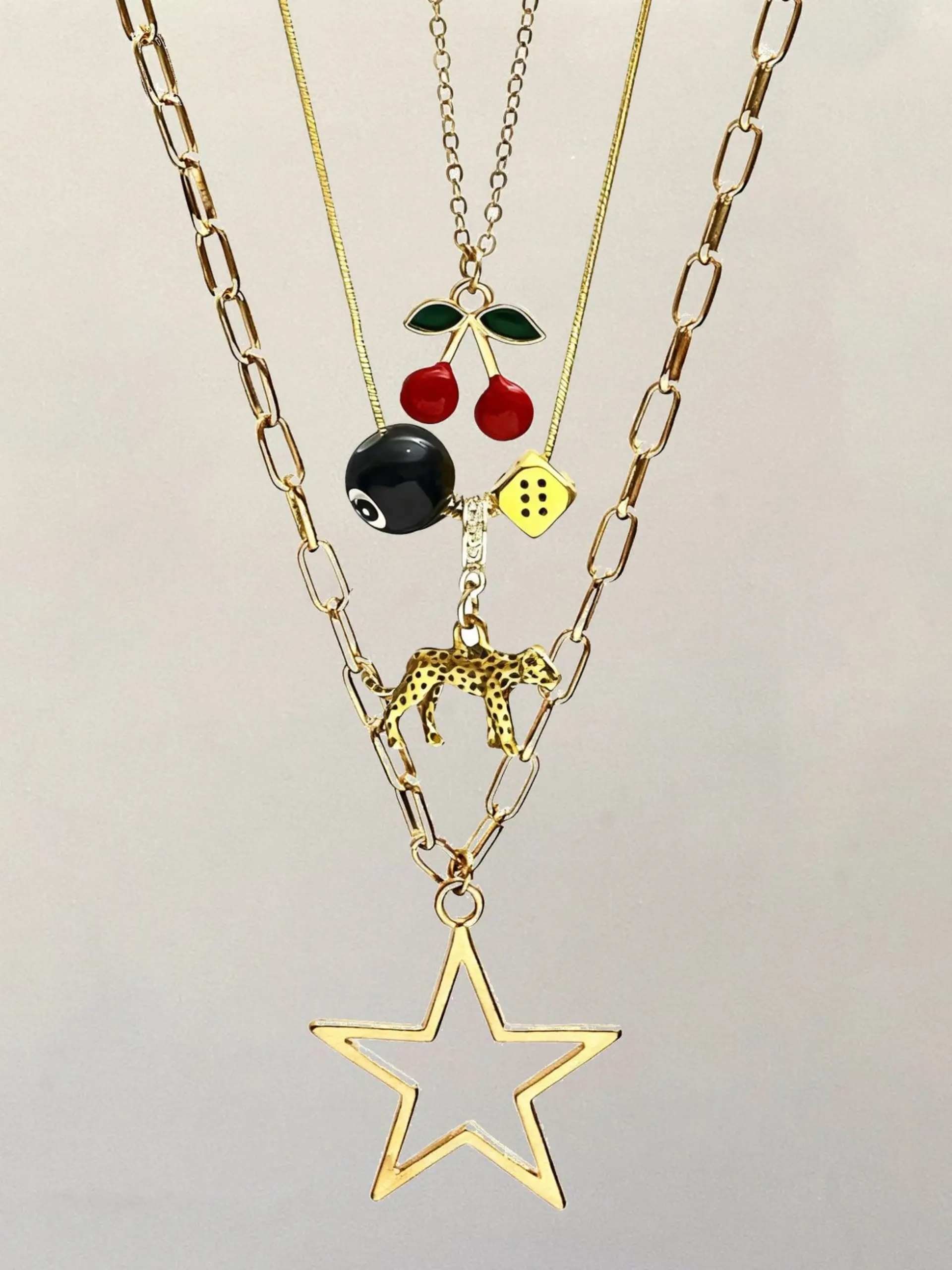 3Pcs Y2K Layered Multi Chain Necklace Set for Women, Aesthetic Leopard Cherry Pool 8 Ball Dice Star Charms Necklaces, Trendy Streetwear Jewelry for Daily Party, Perfect Gift for Girls