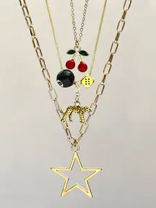 3pcs Leopard & Cherry Necklace Set, 8-Ball Billiard Dice Charm Necklace, Red Cherry Necklace, Fashionable Star Necklace, Classic Leopard Necklace，Suitable for daily wear