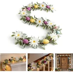5.9FT Easter Garland with 40 LED Lights for Mantle Easter Egg Lighted Garlands Decor Pastel Spring Lambs Ear Garland with Flower Artificial Window Floral Light Wreath Decorations for  Indoor