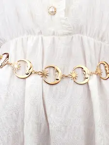 Chain Belt Metal Moon Chain Belt for Women Fashion Gold Waist Chains Metal Plus Size Waist Belts Chains Ellipse no Tarnish Trendy Belly Belts for Women Star Decorated Belt Dress Party Club Music Festival Accessories Stylish Belts
