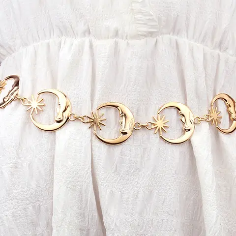 Chain Belt, Decorative Belt, Metal Moon Chain Belt for Women Gold Waist Chains Metal Plus Size Belts Ellipse no Tarnish Belly Belts for Women Star Decorated Belt Dress Party Club Music Festival Accessories