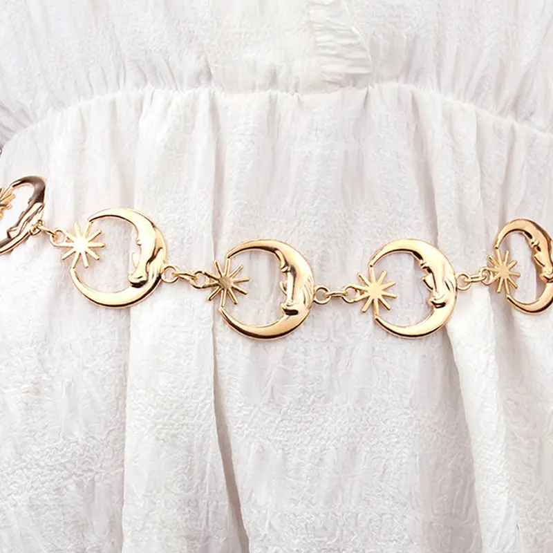 Chain Belt, Decorative Belt, Metal Moon Chain Belt for Women Gold Waist Chains Metal Plus Size Belts Ellipse no Tarnish Belly Belts for Women Star Decorated Belt Dress Party Club Music Festival Accessories