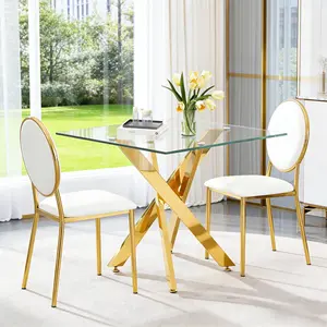 Square Dining Table with cross metal leg and tempered glass,Modern Space Saving Kitchen Table for Living Room,chrome legs,Square table,golden legs,90x90x75cm