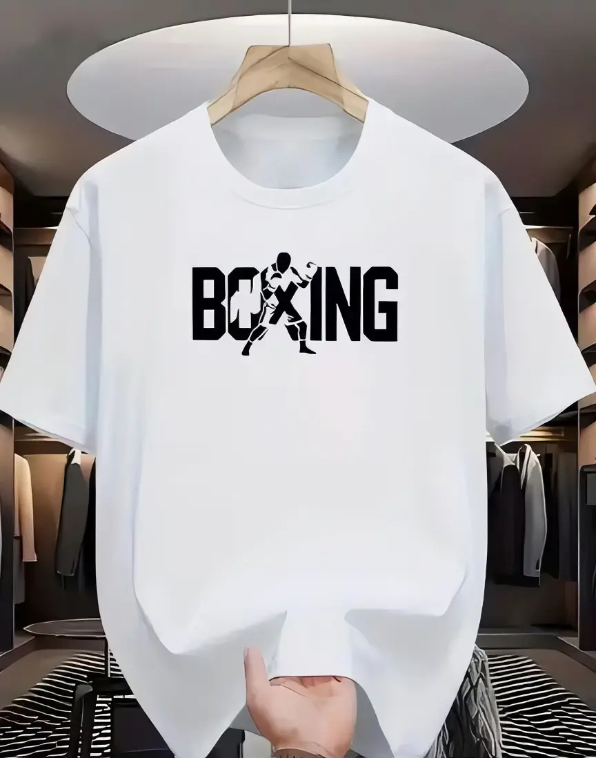 Boxing T-Shirt for Men - White Short Sleeve Crew Neck with "Boxing" Text and Graphic Design