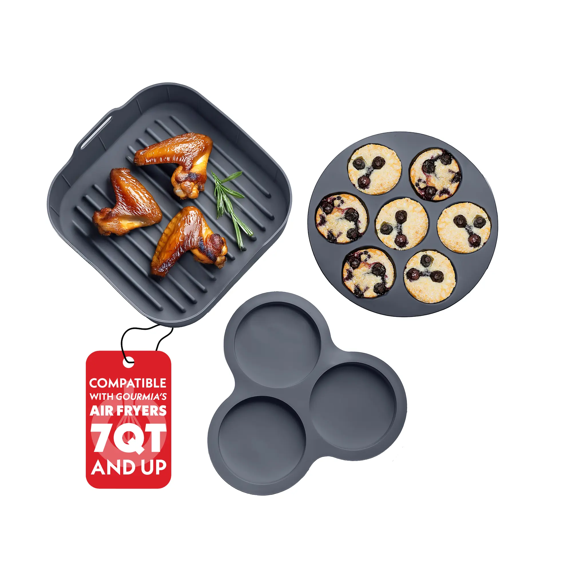 Gourmia 3-Piece Food-Grade Silicone Air Fryer Accessory Set for 7QT & 8QT Models, Meal Prepping for Busy Households, Includes Grill Pan, Cookie Sheet, 3-Cavity Mold, BPA-Free, Nonstick, Durable & Reusable, Heat Resistant Up to 445°F, Dishwasher Safe