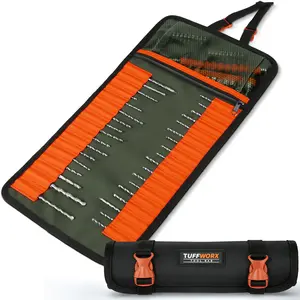 TUFFWORX Tool Roll Bag, Black with Orange Buckles, Portable Tool Organizer