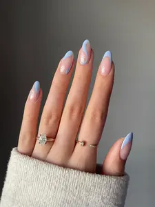 Enhance Your Style with 24PCS Baby Blue Swirl Long Almond Press-On Nails – French Tip Full Cover Fake Nail Kit for a Chic & Elegant Look!