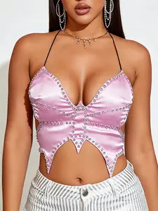 Women's Pink Satin Butterfly Top - Rhinestone Trim, Crisscross Back Lace-Up, V-Neck Fit | Perfect for Club Nights, Date Nights & Festival Looks | On Sale