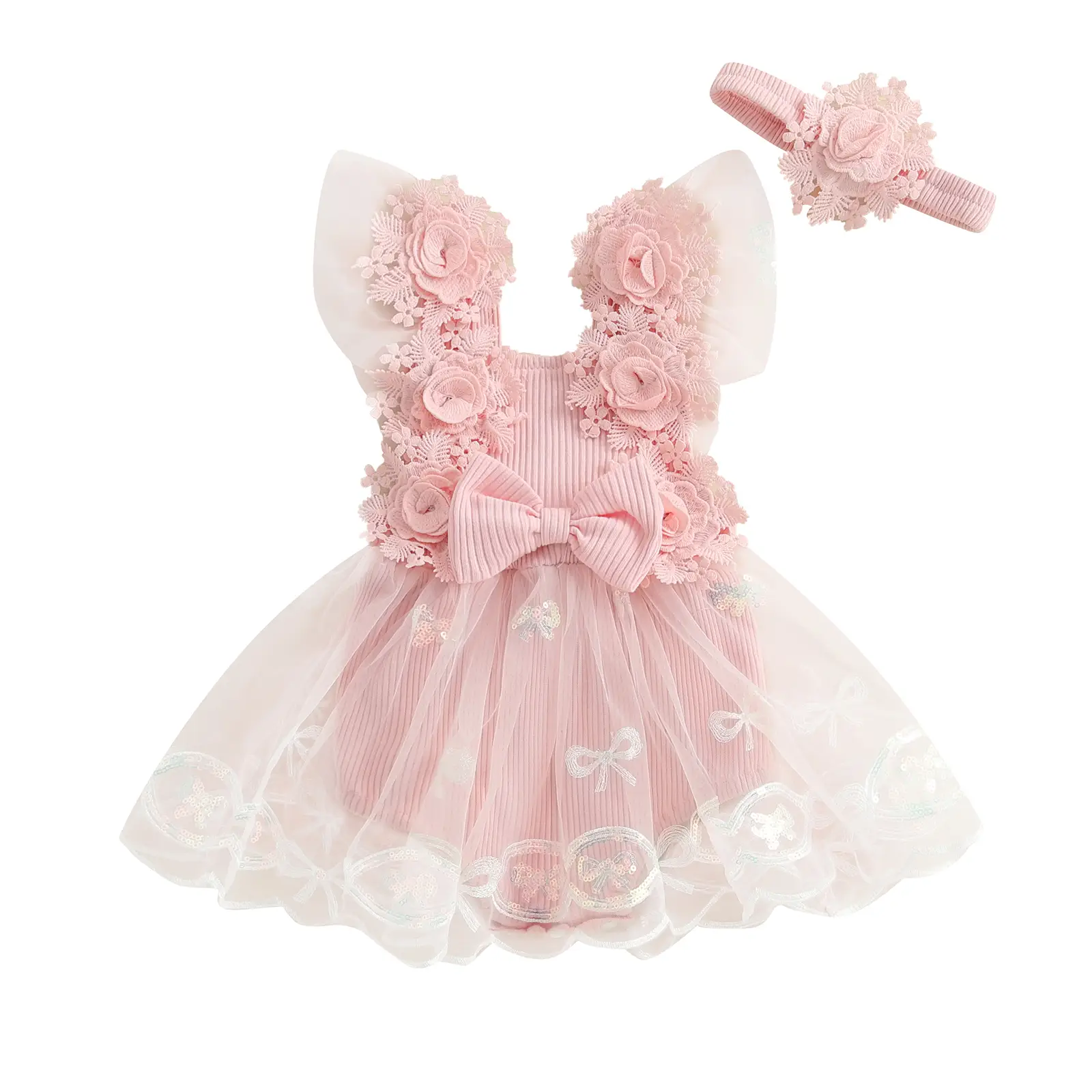Baby Girls Rompers Dress Flower Embroidery Sequins Bow Tulle Skirt Hem Jumpsuits Summer Bodysuits with Headband