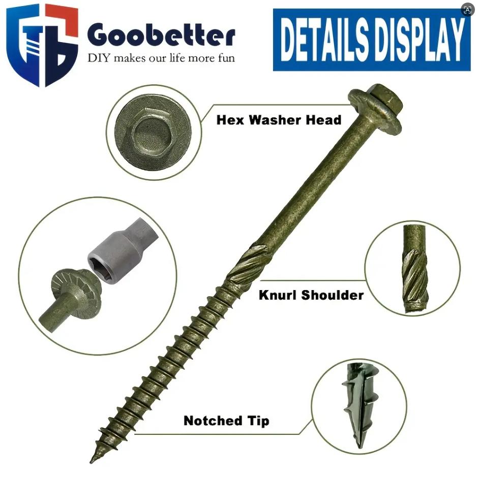 #14 Hex Drive Green Structural Wood Screws, 50PCS/Pack, Heavy Duty Rustproof Deck Fasteners for Outdoor Projects (3-1/4", 8", 10" Sizes Available)