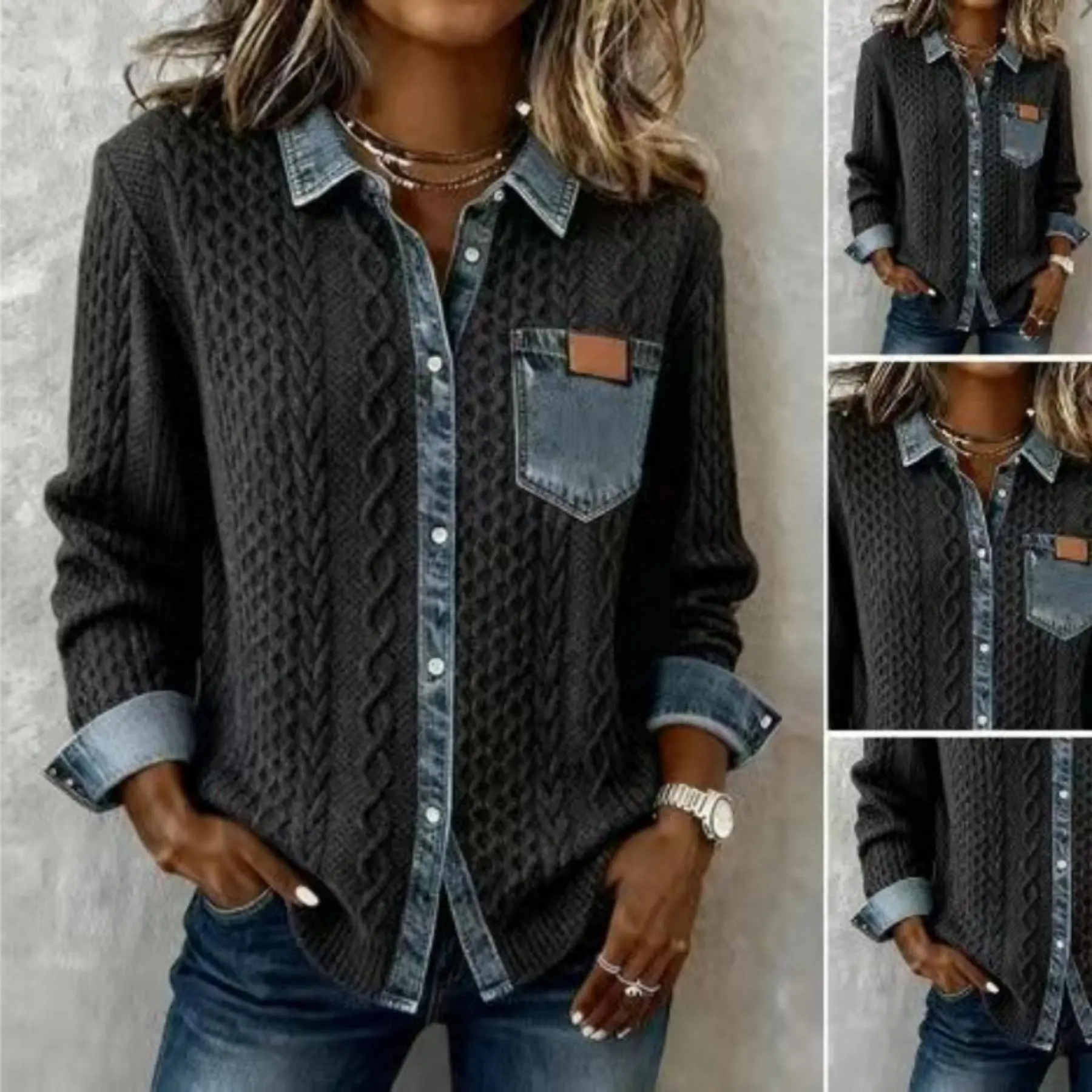Women's Knitted Patchwork Denim Shirt, Autumn/Winter Fashionable and Versatile Long-Sleeved Cardigan