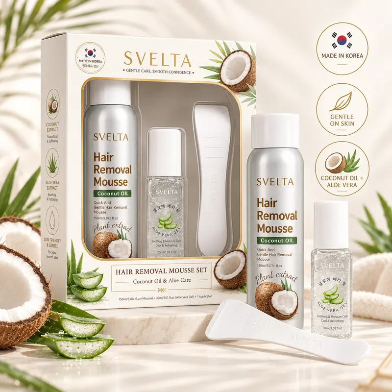 SVELTA hair removal mousse, aloe vera gel and scraper shown with gift packaging