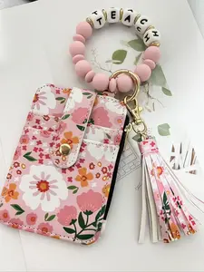 Floral Pattern Wrist Keychain Card Holder, Teach Beaded Bracelet Design, Multiple Slots for Keys & Cards, Perfect Teacher Gift, Wristlet Keychain Lanyard
