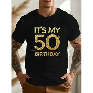 Men'S Casual Crew Neck Short Sleeve T-shirt |   This is My 50th Birthday, Navy Glitter Geometric Pattern, Lightweight, Perfect for Birthday Celebrations and Daily Wear, Comfortable Fit