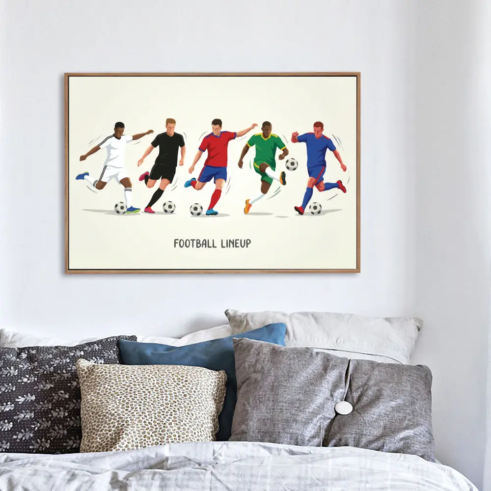 Waterproof Football Players in Action Lineup Canvas Print Wall Artwork - 24x18in Wooden Floating Frame Hanging Decoration for Living Room, Home Office Sports Party Decor, Water Proof