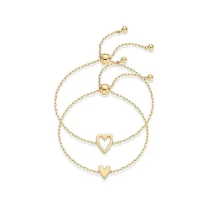 “Two Hearts, One Bond” 14K Gold Plated Matching Heart Charms Solitaire Bracelet Set for Women Best Friend| Adjustable Valentines Day Love Friendship Two Bracelet Pack