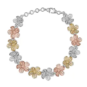 Floral Bracelet in 18K Vermeil YRG and Rhodium Over Sterling Silver 6.50 In 11.50 Grams Christmas Gifts