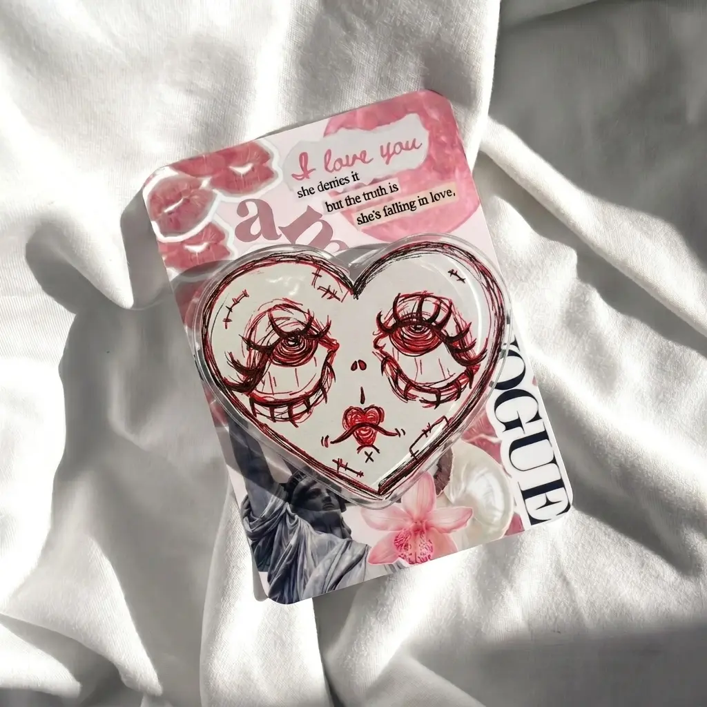 Gothic Sketch Heart Face Phone Grip, Cute Pastel Pink Goth Griptok, Spooky Cute Acrylic Phone Holder, Coquette Soft Grunge Phone Stand Accessory Gift