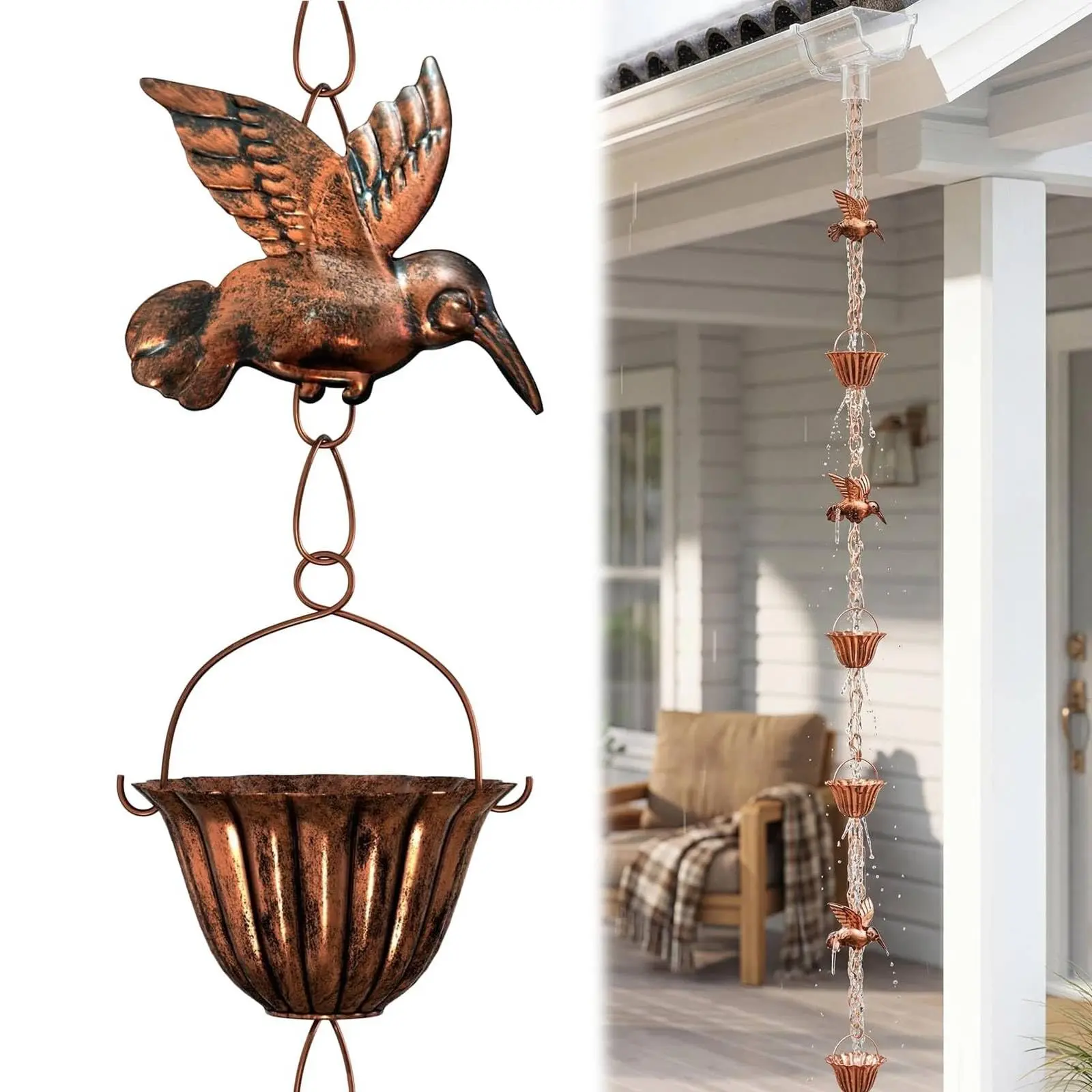 Garvee Hummingbird Rain Chain, 8.8FT Antique Copper Metal Rain Catcher Chain, Decorative Downspout Replacement with Cups, Outdoor Garden Gutter Rainwater Diverter for Yard Home Exterior Decor