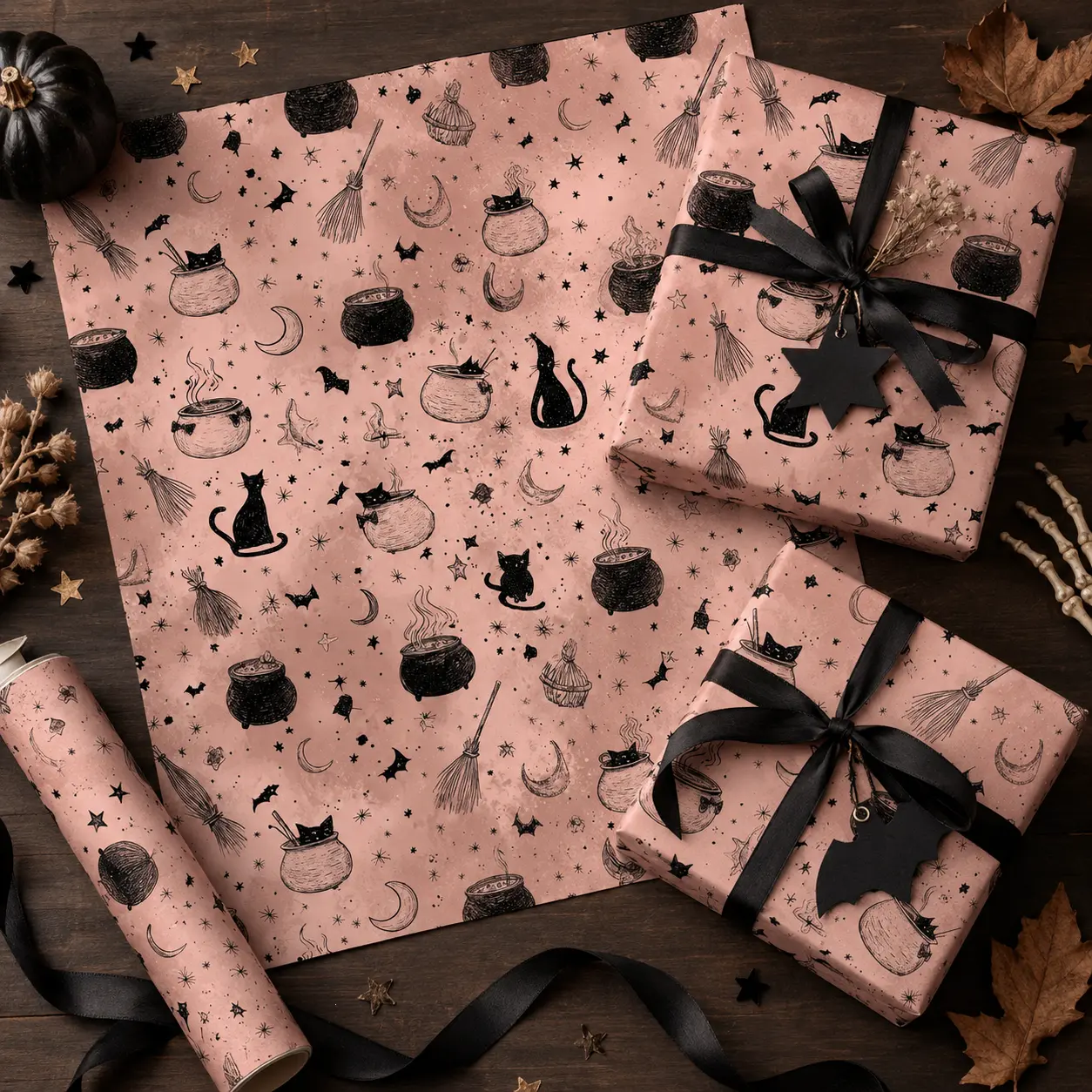 Pink Witchy Cauldron Black Cat Gift Wrapping Paper Sheet - Cute Spooky Halloween Magic Wand Crescent Moon Wrap for Birthday Halloween Spooky Season