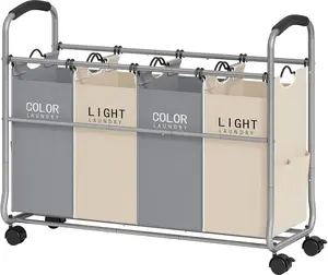 Laundry Sorter 4 Sections, Laundry Separator Hamper with Heavy Duty Lockable Rolling Wheels, Laundry Divider with Removable Bags for Dirty Clothes Storage, Beige & Grey