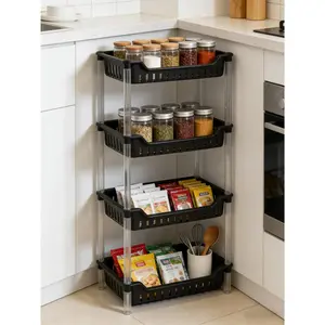 4 Tier Black Plastic Rectangular Storage Basket Space Saving Multi Purpose Organizer Shelf for Kitchen Bathroom Office Pantry Lightweight Easy Clean