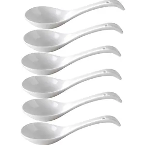 Asian Soup Spoons Set of 6 - Large Deep Oval Japanese Spoons for Ramen, Pho, Wonton, Miso & Noodles, White Chinese Soup Spoons