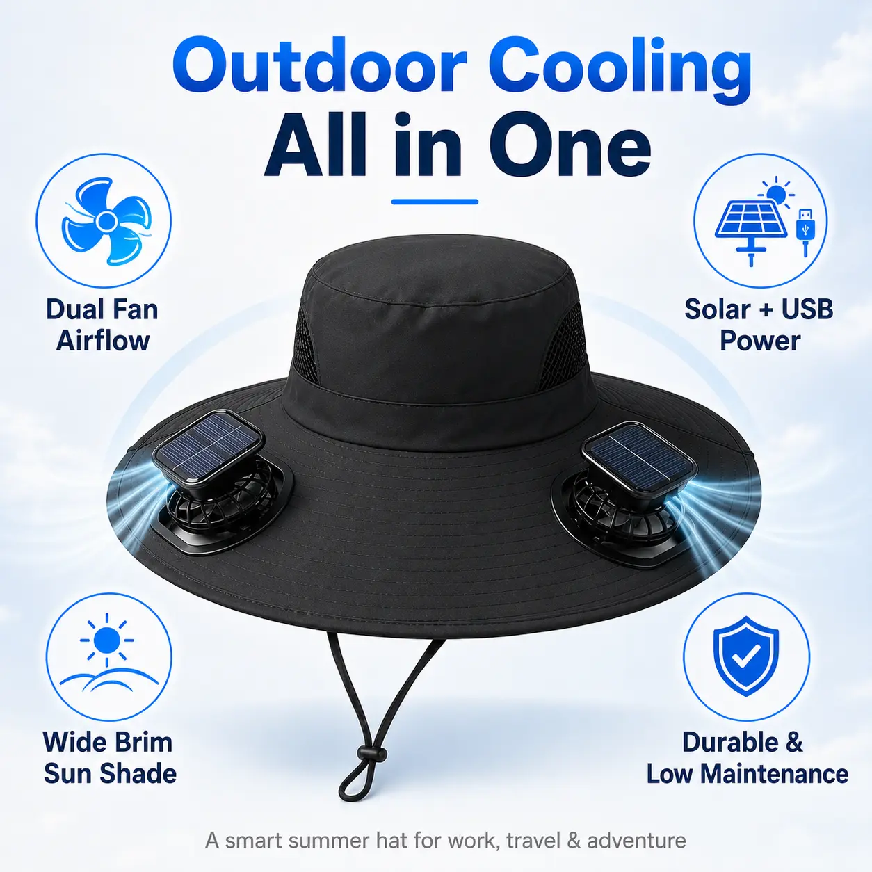 Polyester Mesh Vented Solar-Powered Cooling Fan Cap, USB-Charging Detachable Hands-Free Outdoors Hat for Men, Ideal for Cycling, Fishing, Camping