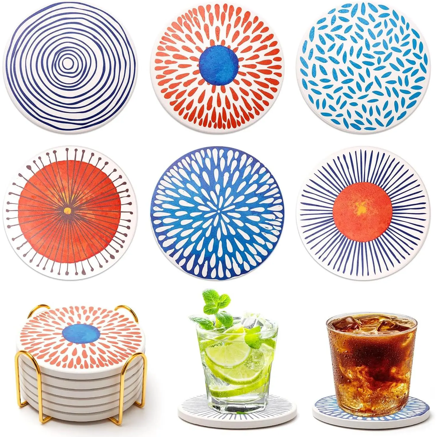 Funny Ceramic Absorbent Coaster Set of 6 Mid Century Coasters for Drinks Fun Boho Coffee Table Decor Cool Desk Coasters with Holder  Kitchen Accessories Outdoor Beach Cute Stone Cup Coaster
