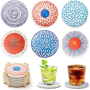 Funny Ceramic Absorbent Coaster Set of 6 Mid Century Coasters for Drinks Fun Boho Coffee Table Decor Cool Desk Coasters with Holder  Kitchen Accessories Outdoor Beach Cute Stone Cup Coaster