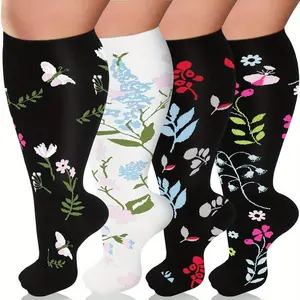 Multiple plus size compression socks for men and women, 15-20mmHg wide calf support, promoting blood circulation, floral pattern, soft nylon and spandex knit fabric, hand wash only, compression long socks for pregnant women