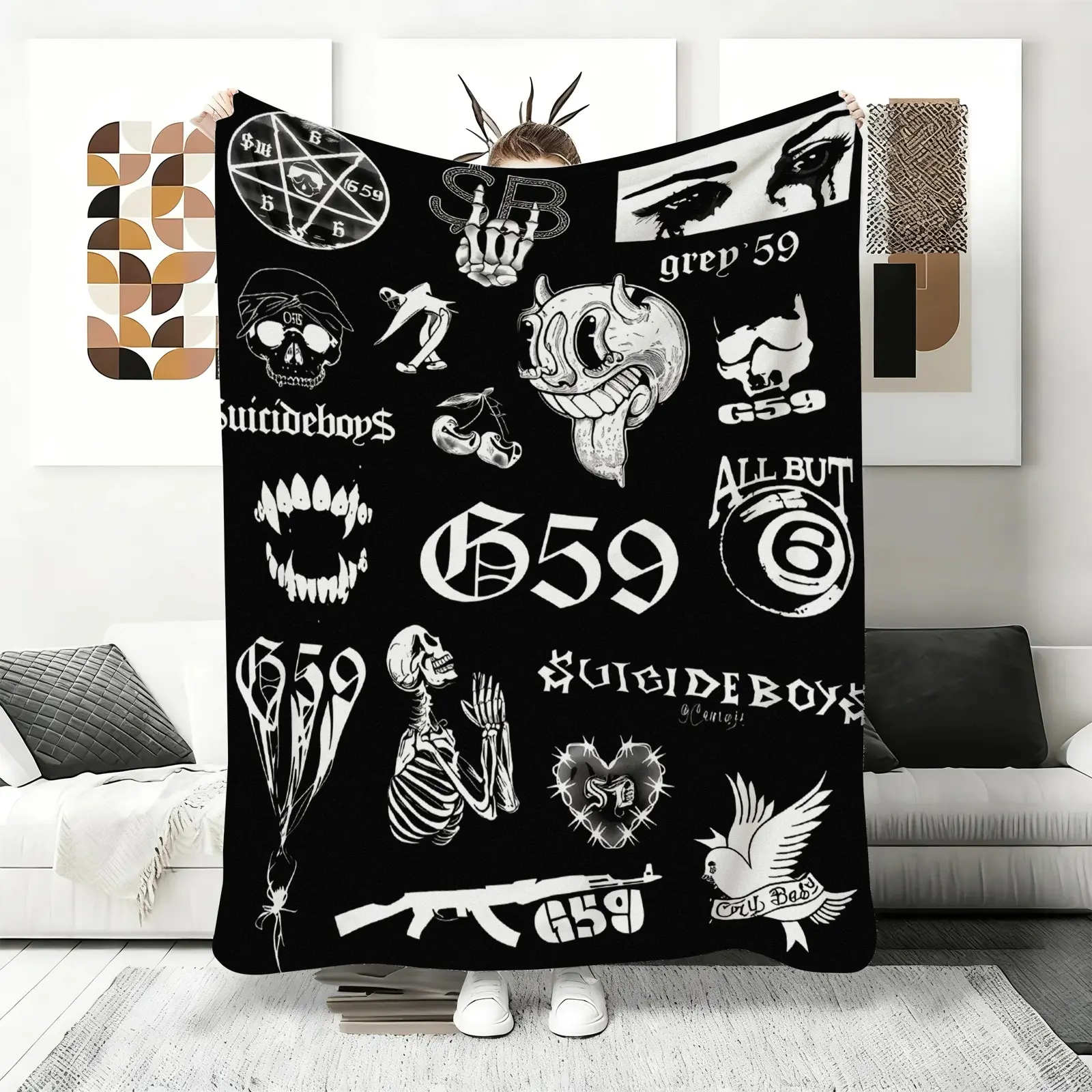 G59 Records Flannel Blankets, Grey Five Nine Fleece Throw, Underground Rap Culture Gift, Soft Plaid Throw for Men Women, Streetwear Home Decor,Perfect Novelty Gift for Friends Fans Adults Women Men Vintage Style,  bedding ,plush blankets, mellow blanket