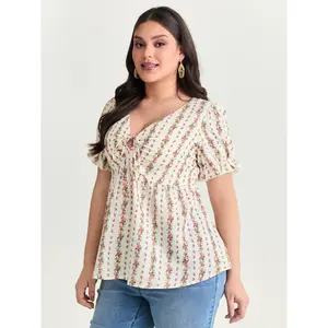 BloomChic Women's Plus Size Shortsleeve Blouse - Smooth Polyester Garment, Floral Striped, Adjustable Drawstring, Fitted Flattering Fit, M-6X 2026 Summer Top for Moms, Women's Tops Deals Beige Womenswear