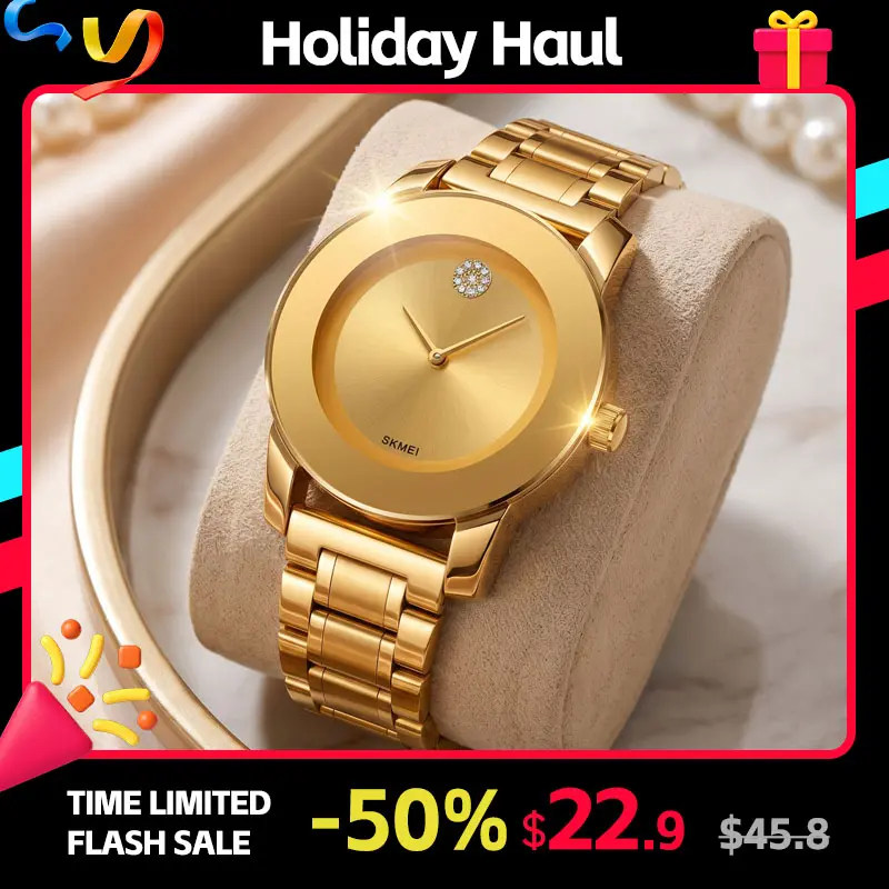 SKMEI Women's Minimalist Gold Watch, Stainless Steel Quartz Analog Wristwatch with Rhinestone Accent for Work and Daily Wear, Gold Watches, Fashionable Watches