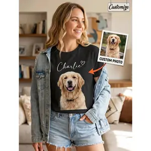 Custom Photo Pet Portrait Shirt Personalized Dog Graphic Tee with Name Print Short Sleeve Crewneck Casual Top for Men, Women DIY Animal Lover Gift Comfortable Summer Streetwear Customization Apparel C