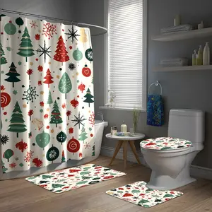 Christmas Tree Gift Gingerbread Man Print Shower Curtain Set, Includes Hooks, Bath Mat, U-Shaped Rug, Toilet Seat Cover, Home Bathroom Decor
