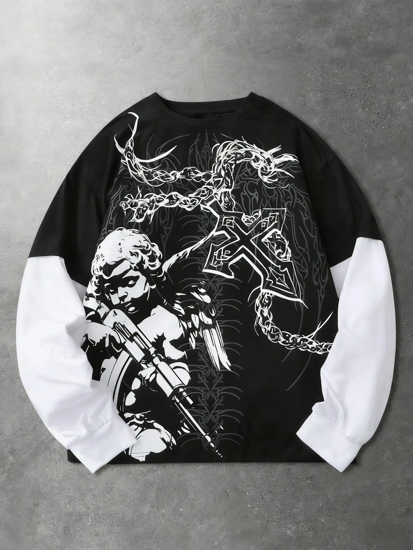 Unisex Gun Angel Thorn Cross Long Sleeve Graphic T-Shirt, Dark Punk High Street Color Block Patchwork Top, Couple Matching Fall Winter Streetwear Trend, Casual Streetwear Top