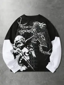 Unisex Gun Angel Thorn Cross Long Sleeve Graphic T-Shirt, Dark Punk High Street Color Block Patchwork Top, Couple Fall Winter Streetwear Trend