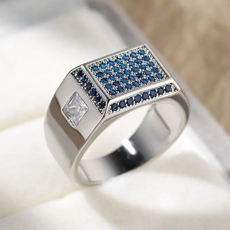 Artificial Blue Zircon Ring with Rectangular Geometric Stone, Elegant Unisex Fashion Jewelry for Engagement & Daily Wear, Sizes 6-11