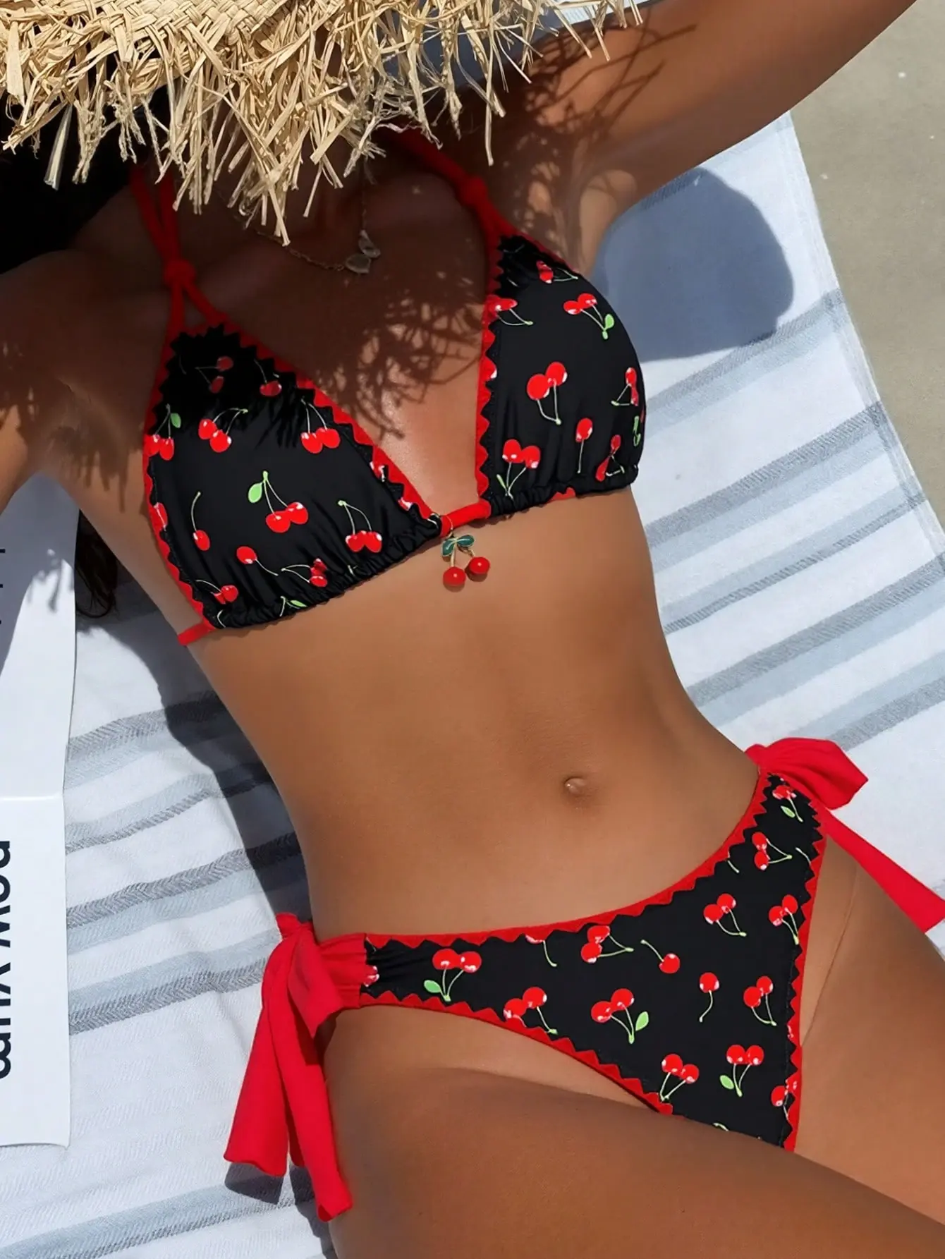 AURORA Women's Bikini Two Pieces Swimwear Color Block Floral Trim Cherry Print Halter Tie Fashionable Beach Wear Vacation Summer Red