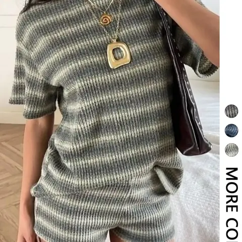 Women's Striped Crop Top & Elastic Waist Shorts Set, Casual Loose-Fit Design, Perfect for Daily Wear, Comfortable Home, Matching Loungewear and Homewear Sets, Summer Loungewear Sets