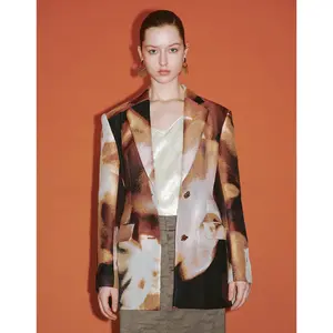 URBAN REVIVO 2026 Spring Women's Elegant Regular-Fit Polyester Suit Jacket - Long Sleeve, Notched Lapel, Oversized Abstract Multi-Color Print, Office Wear Blazer Outerwear