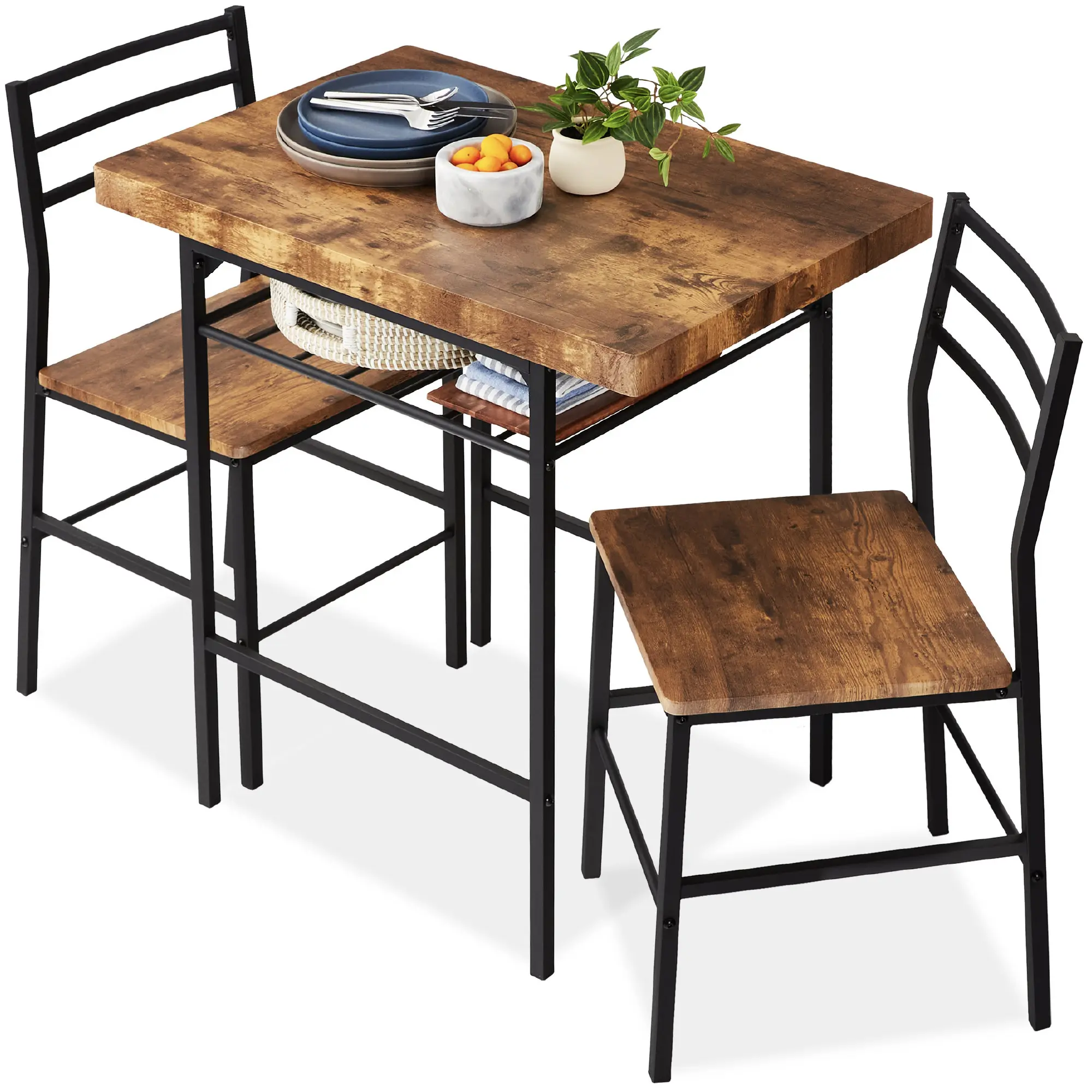 Best Choice Products 3-Piece Modern Dining Set, Square Table & Chairs Set w/ Steel Frame, Built-In Storage Rack