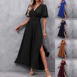 Women's Elegant Short Flutter-Sleeve Chiffon Formal Gown, Back Smocked Waist, High Side Split, Flowy, White Formal Wear, Short Sleeve